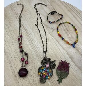 Lot 5 Womens Jewelry Owl Pendant Necklaces Beaded Bracelets Multicolor Boho